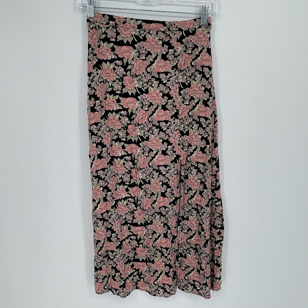 American Eagle Women's Black Floral Print Front Slit Boho Midi Skirt Size XS
